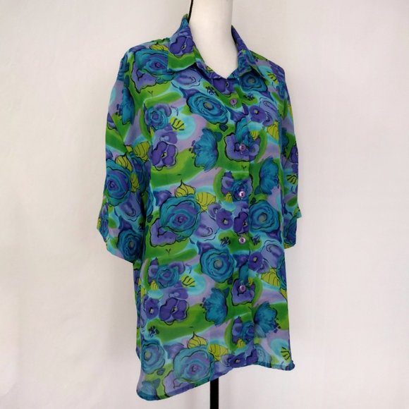 Vintage 1980s Cabrais Colorful Semi Sheer Button Down Blouse - Picture 3 of 10